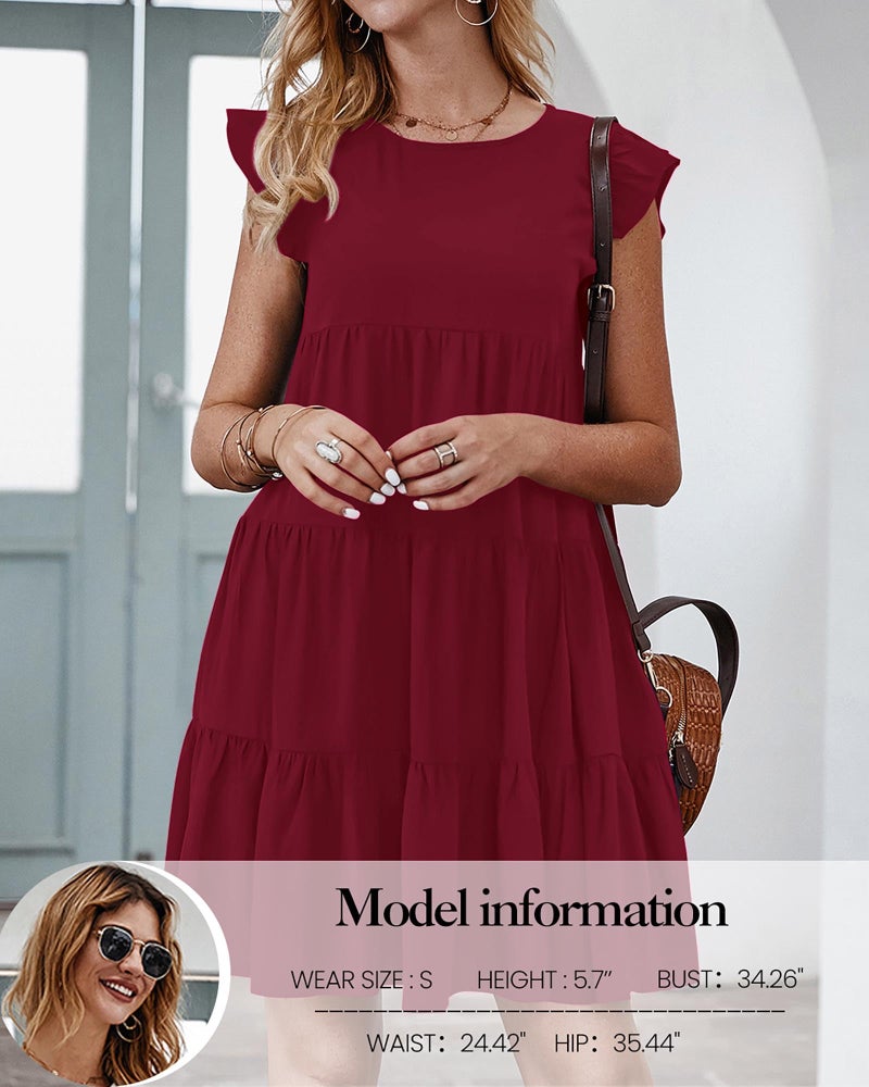 KIRUNDO Wedding Guest Dresses for Women Short Summer Sleeveless Ruffle Sleeve Round Neck Loose Short Flowy Pleated Tiered Mini Dress(Wine Red, Small) - Image 2